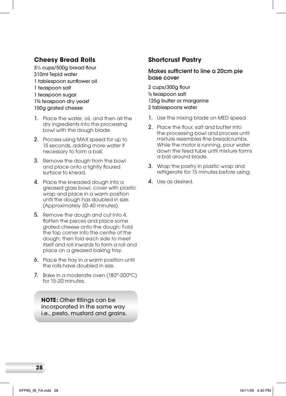 Cheesy bread rolls, Shortcrust pastry | Kambrook KFP95 User Manual | Page 28 / 32