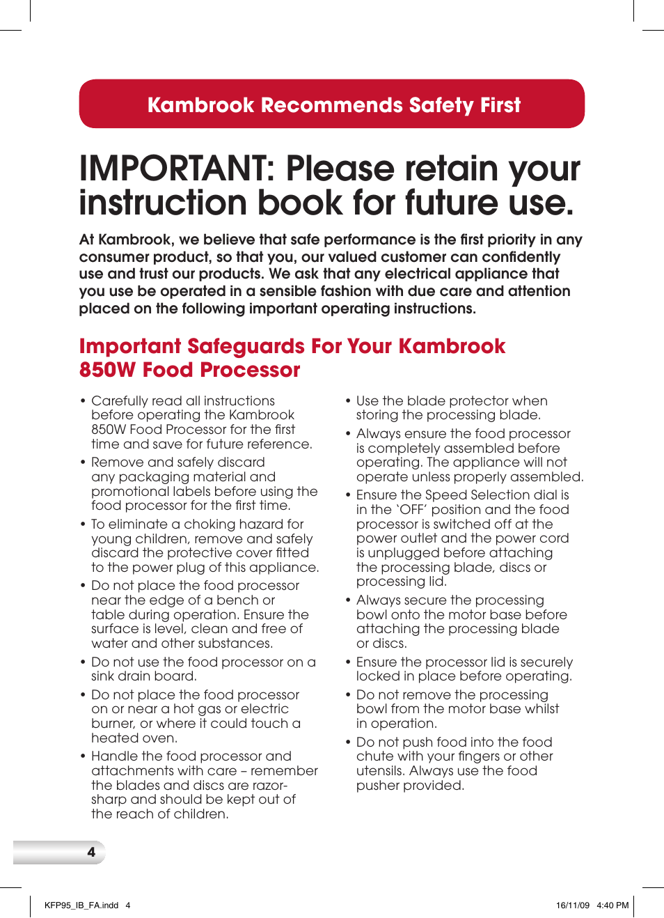 Kambrook recommends safety first | Kambrook KFP95 User Manual | Page 4 / 32