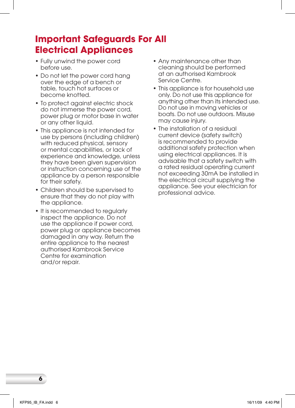 Important safeguards for all electrical appliances | Kambrook KFP95 User Manual | Page 6 / 32