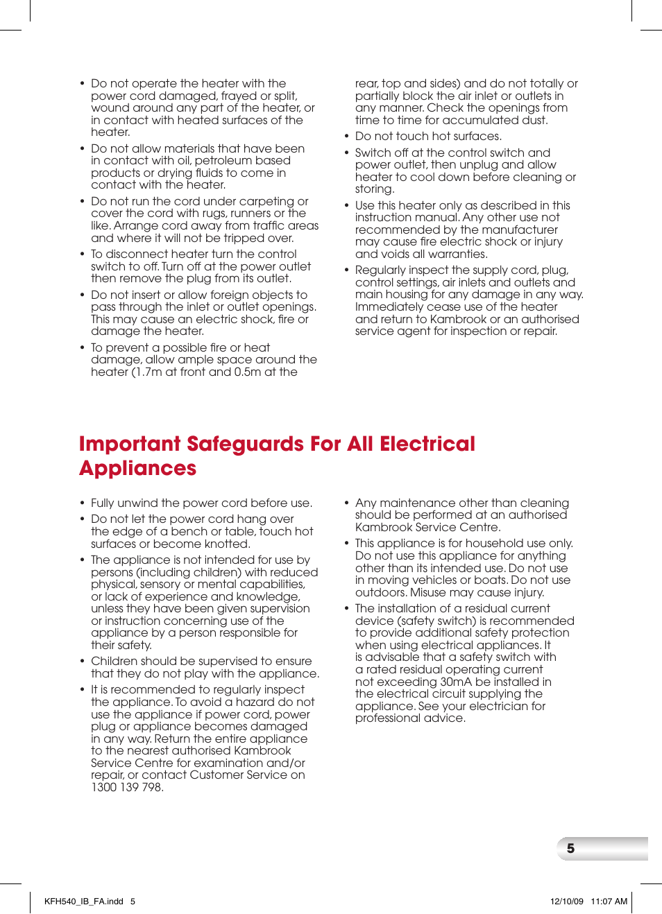 Important safeguards for all electrical appliances | Kambrook KFH540 User Manual | Page 5 / 12