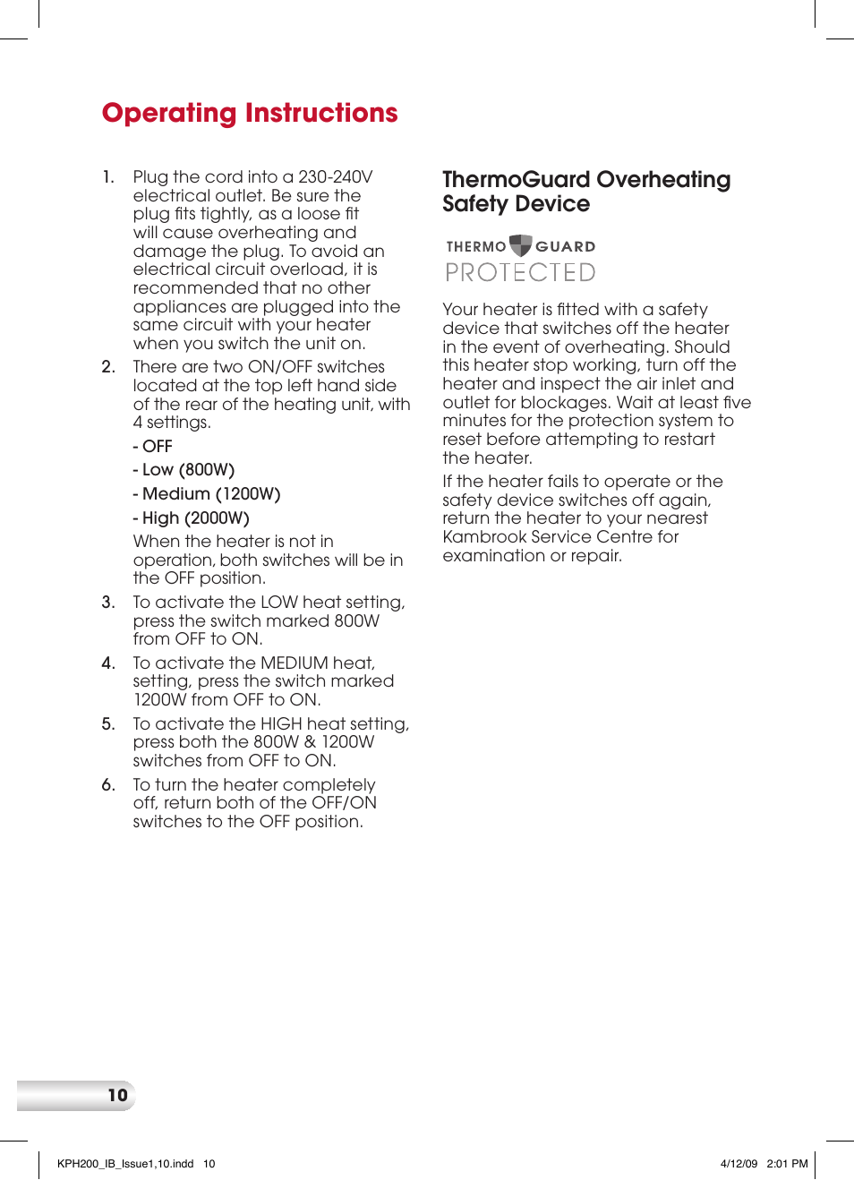 Operating instructions, Thermoguard overheating safety device | Kambrook SLIMLINE SILENT KPH200 User Manual | Page 10 / 12