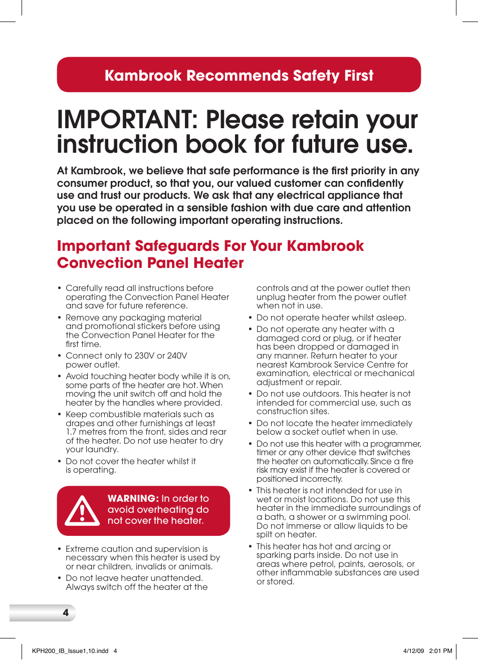 Kambrook recommends safety first | Kambrook SLIMLINE SILENT KPH200 User Manual | Page 4 / 12