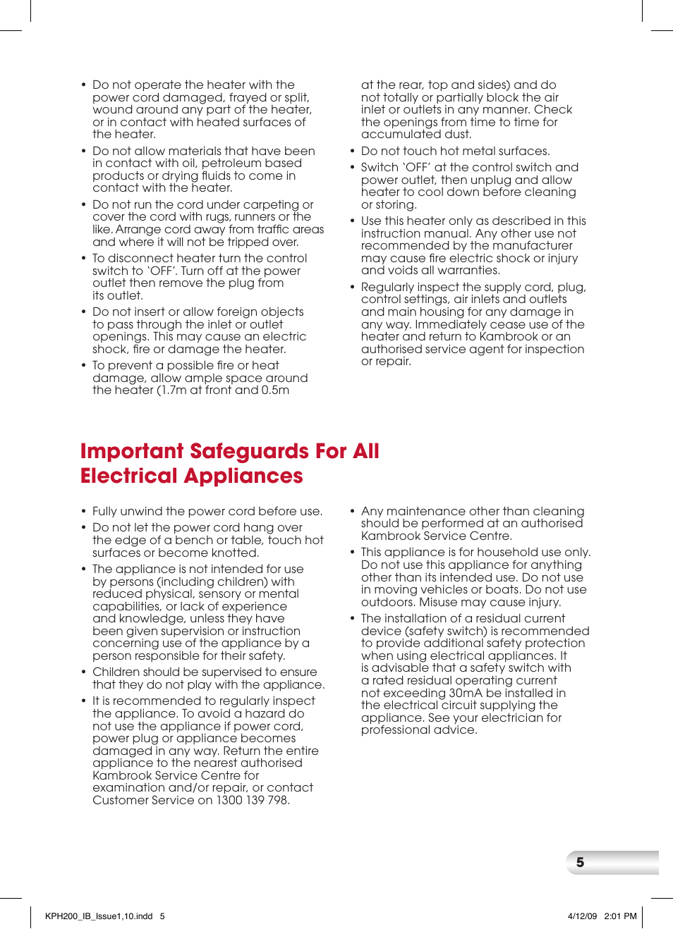 Important safeguards for all electrical appliances | Kambrook SLIMLINE SILENT KPH200 User Manual | Page 5 / 12