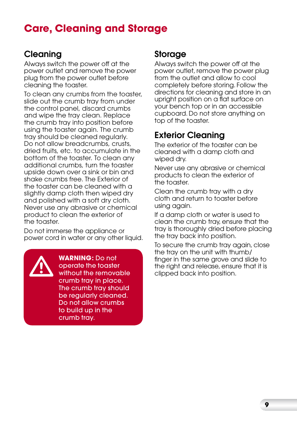 Care, cleaning and storage, Cleaning, Storage | Exterior cleaning | Kambrook KT450 User Manual | Page 10 / 12