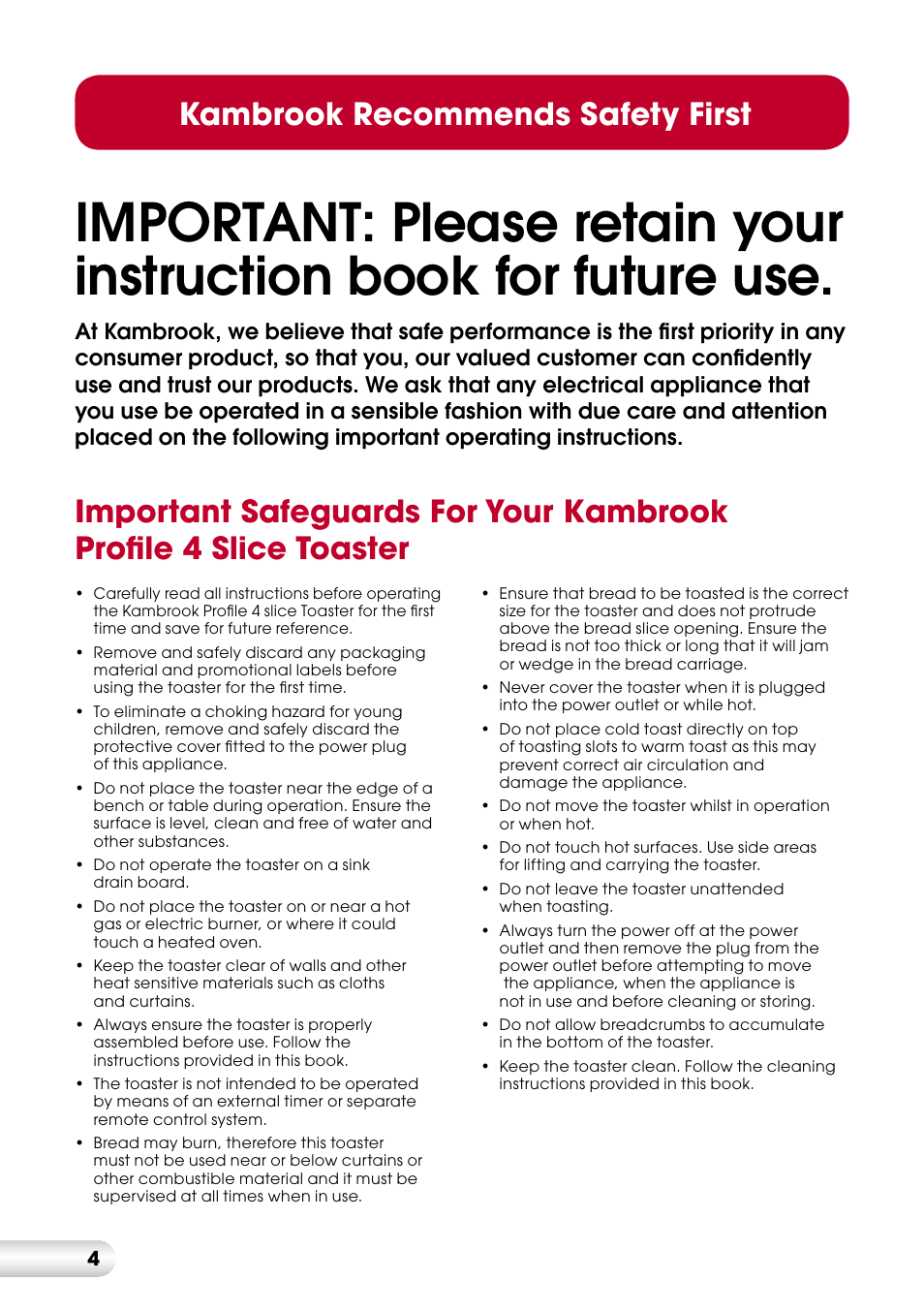 Kambrook recommends safety first | Kambrook KT450 User Manual | Page 5 / 12