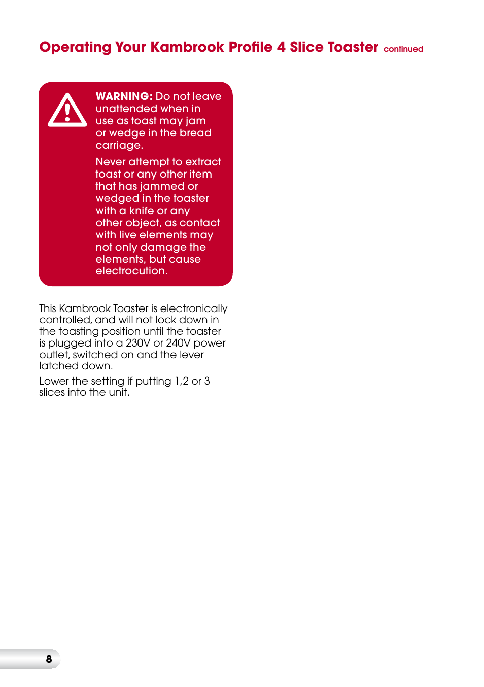 Operating your kambrook profile 4 slice toaster | Kambrook KT450 User Manual | Page 9 / 12