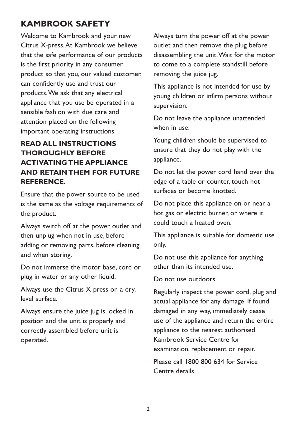 Kambrook safety | Kambrook KJ12 User Manual | Page 2 / 8