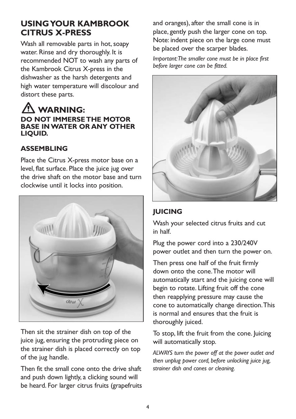 Using your kambrook citrus x-press, Warning | Kambrook KJ12 User Manual | Page 4 / 8
