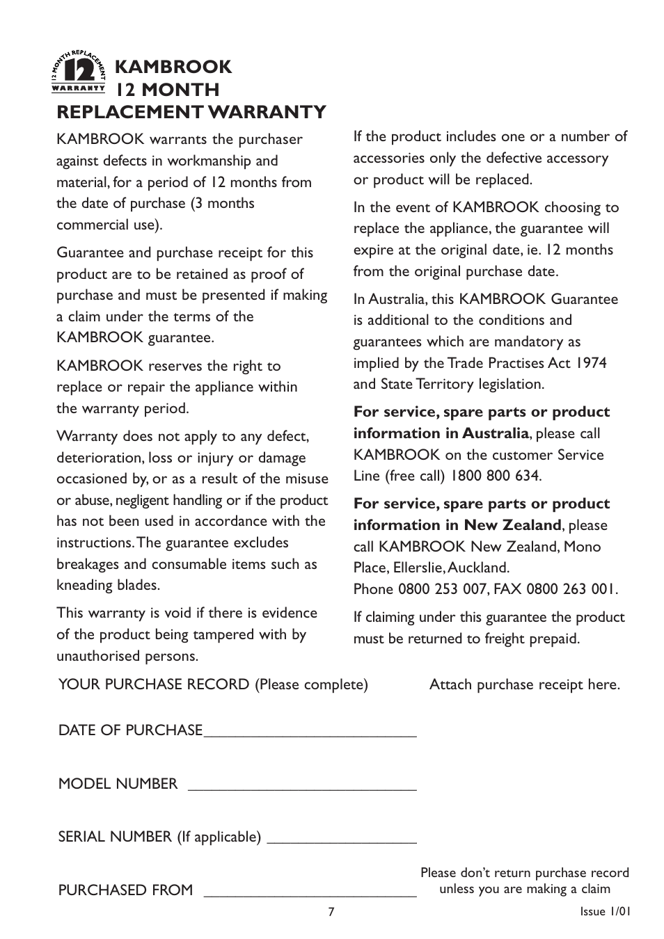 Kambrook 12 month replacement warranty | Kambrook KJ12 User Manual | Page 7 / 8