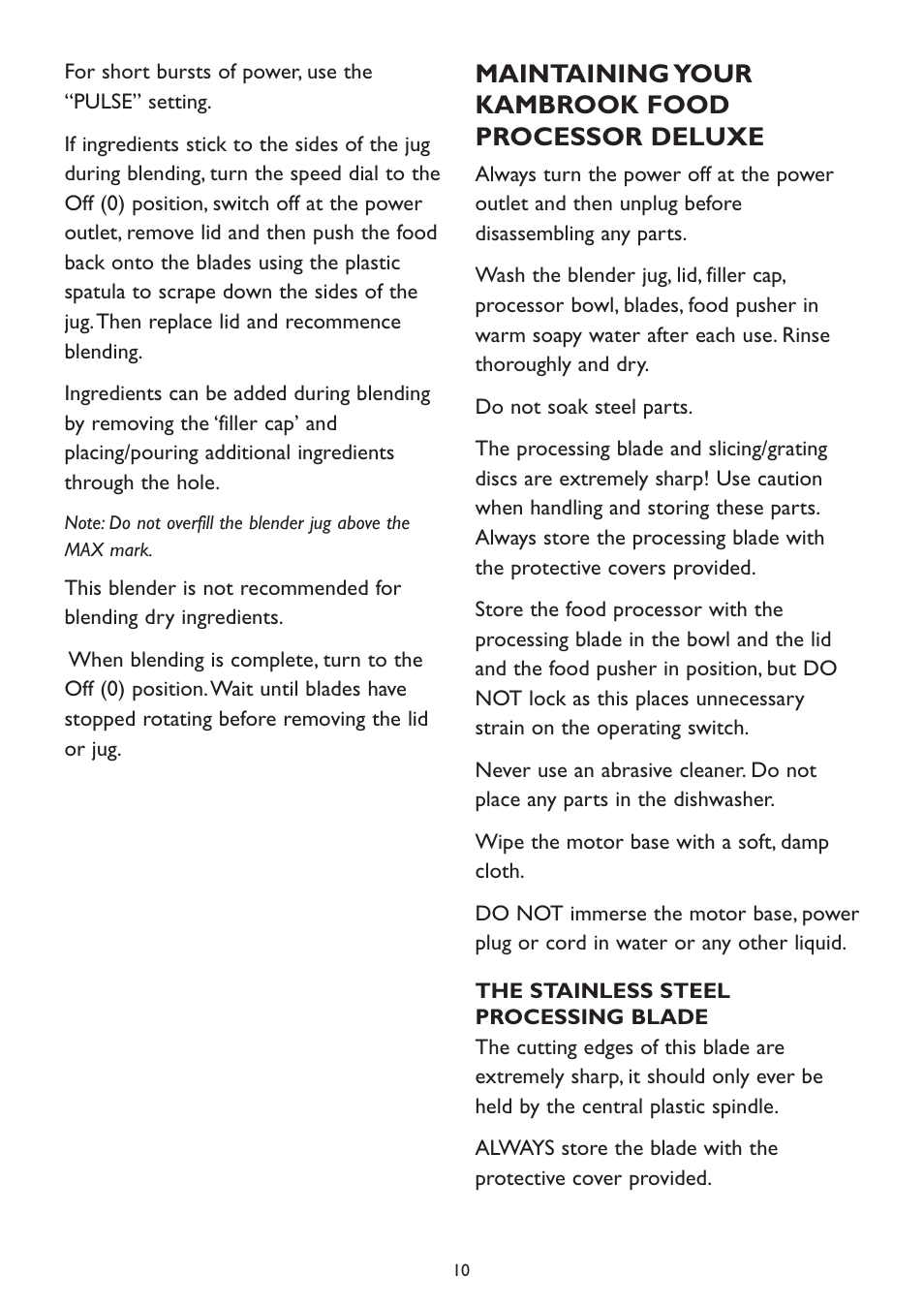 Maintaining your kambrook food processor deluxe | Kambrook KFP90 User Manual | Page 10 / 28