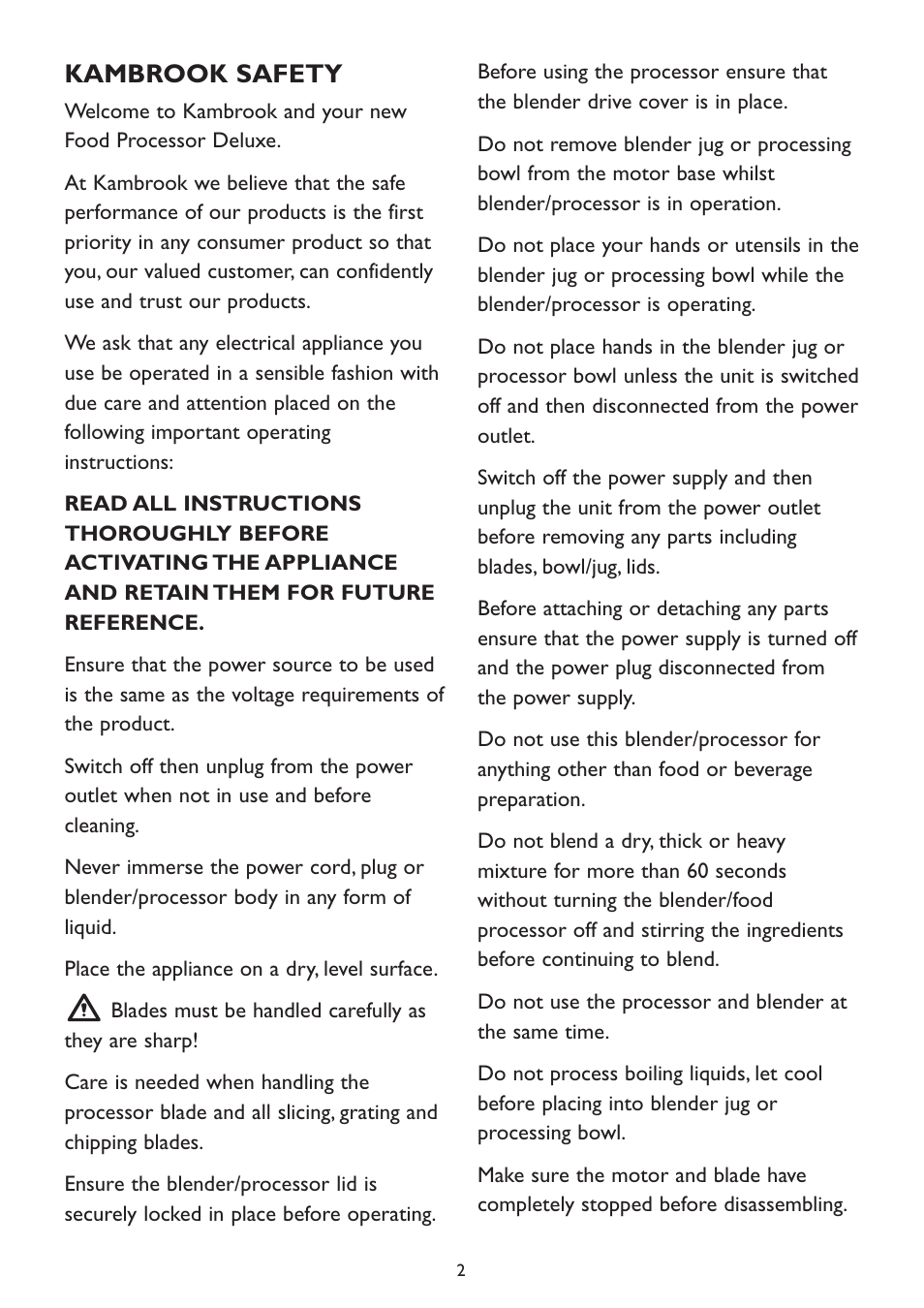Kambrook safety | Kambrook KFP90 User Manual | Page 2 / 28