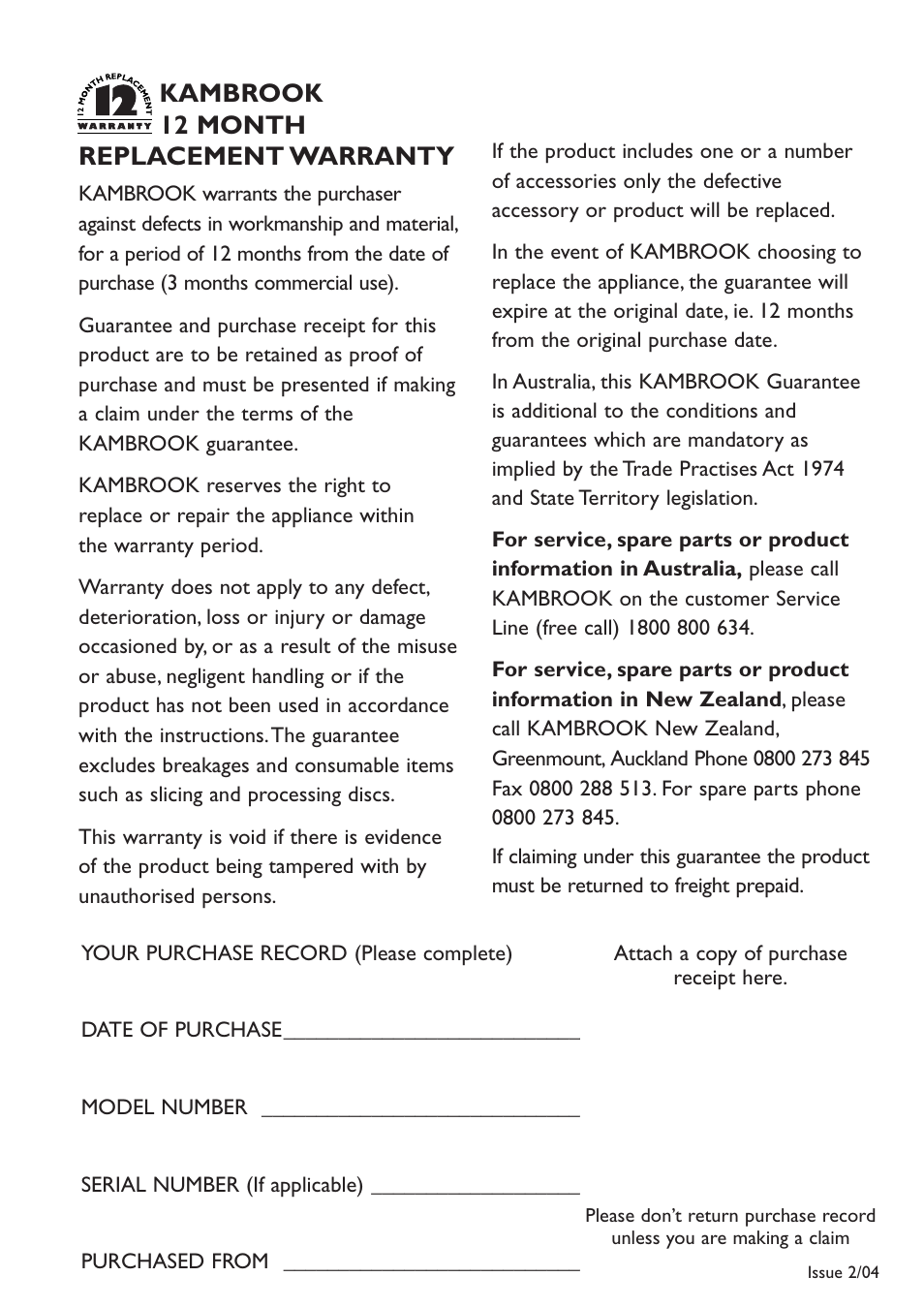 Kambrook 12 month replacement warranty | Kambrook KFP90 User Manual | Page 27 / 28