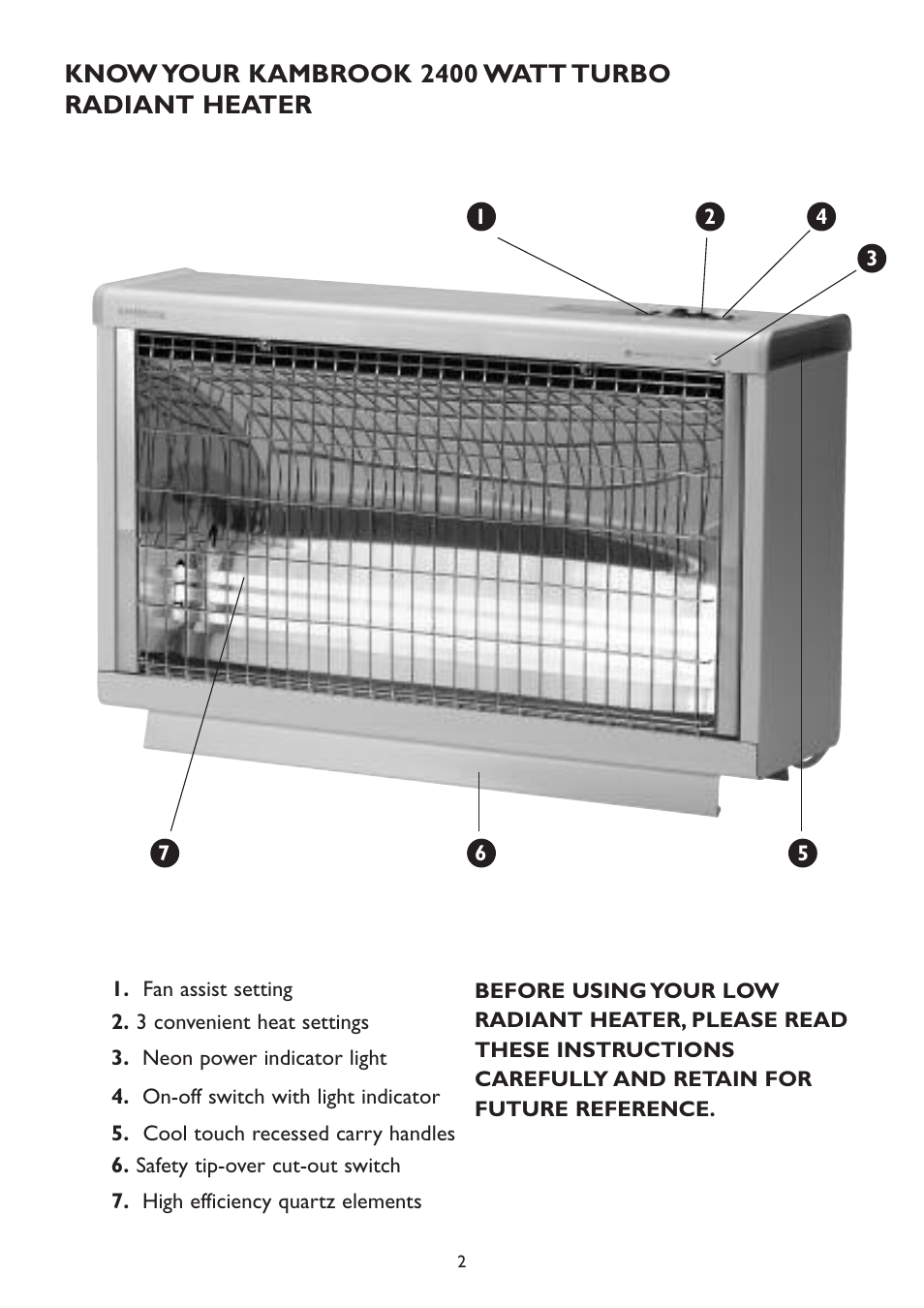 Know your kambrook 2400 watt turbo radiant heater | Kambrook KRH500 User Manual | Page 2 / 8