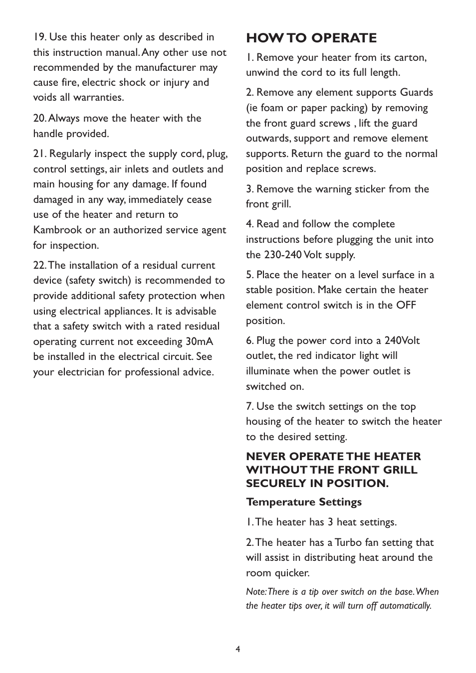 How to operate | Kambrook KRH500 User Manual | Page 4 / 8