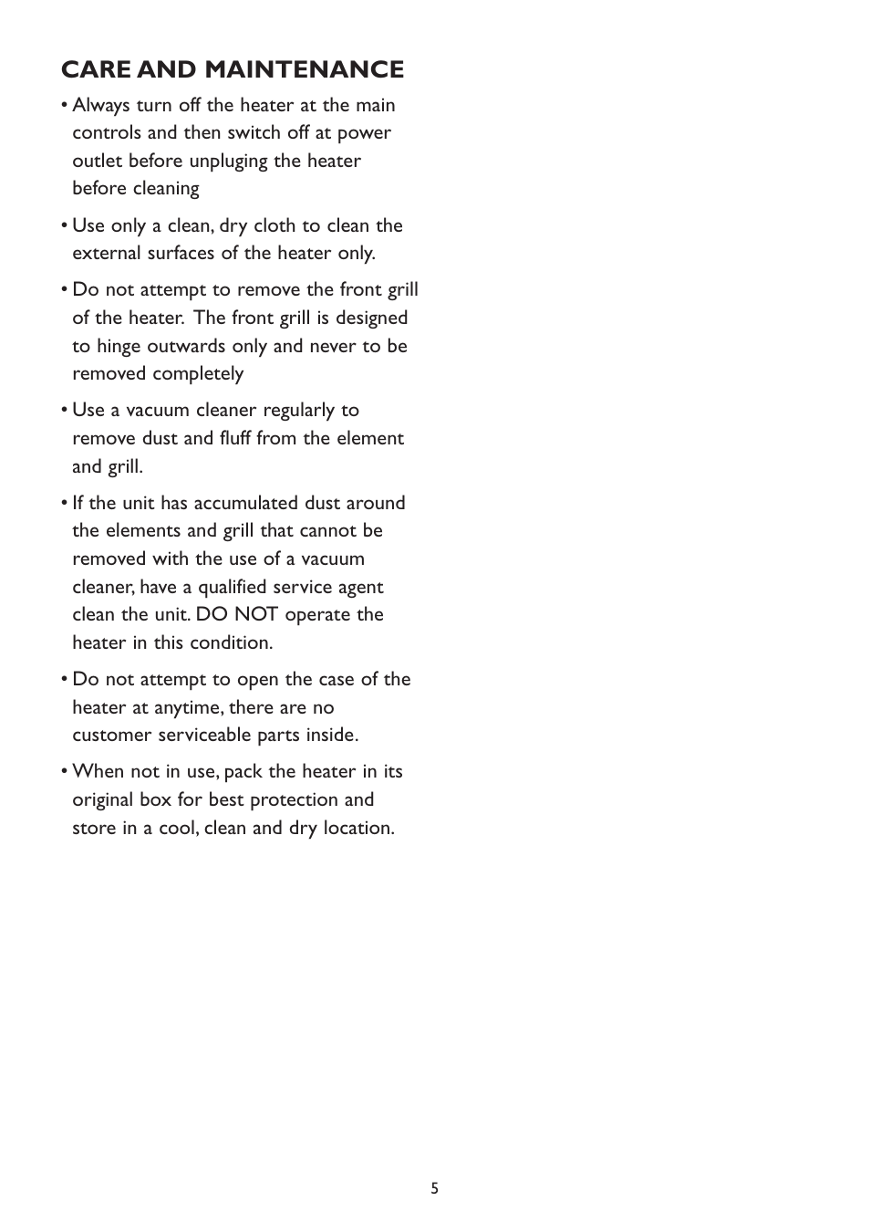 Care and maintenance | Kambrook KRH500 User Manual | Page 5 / 8