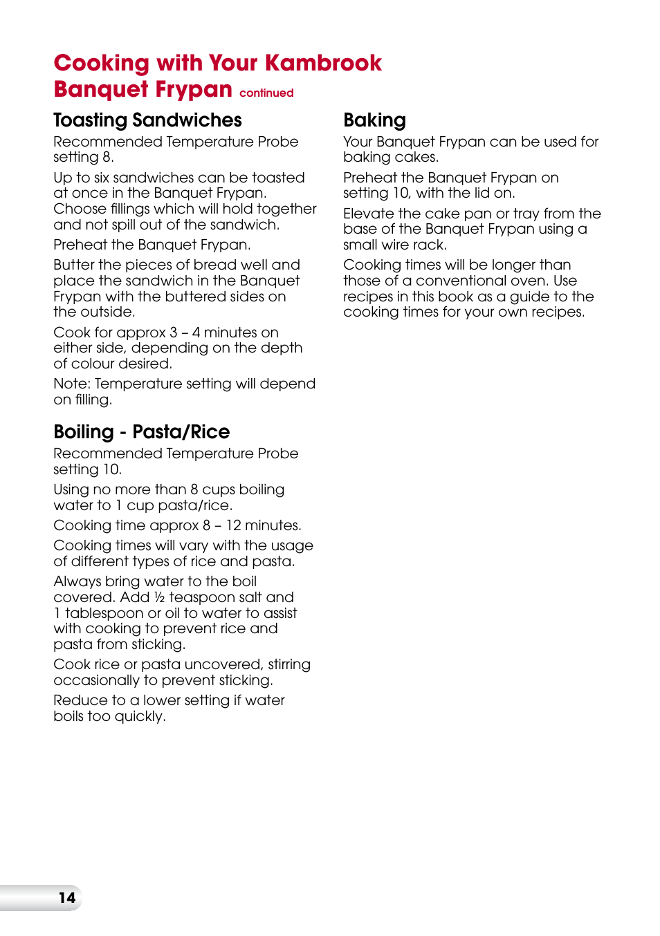 Cooking with your kambrook banquet frypan, Toasting sandwiches, Boiling - pasta/rice | Baking | Kambrook BANQUET KEF170 User Manual | Page 15 / 24