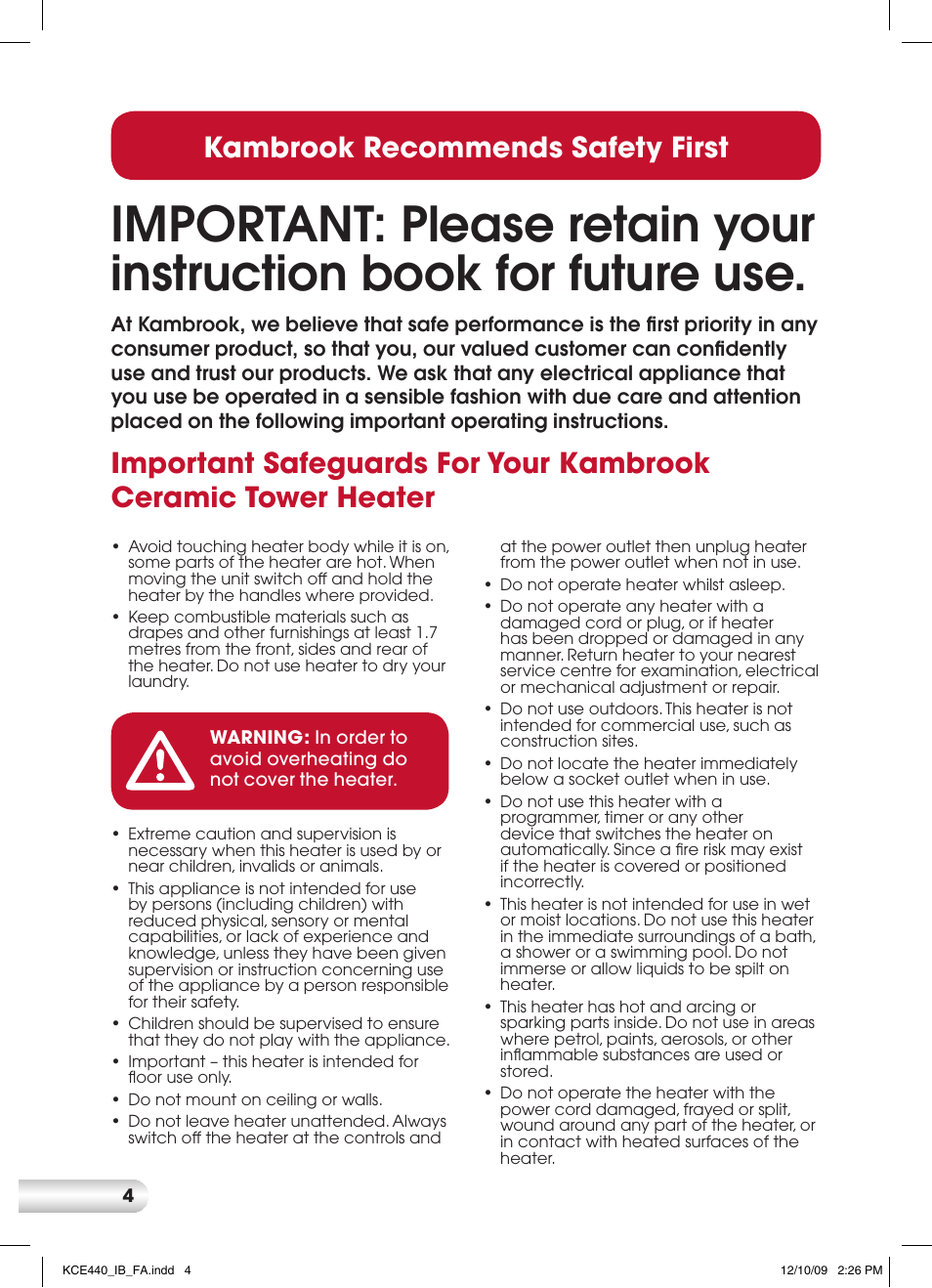 Kambrook recommends safety first | Kambrook CERAMIC KCE440 User Manual | Page 4 / 12