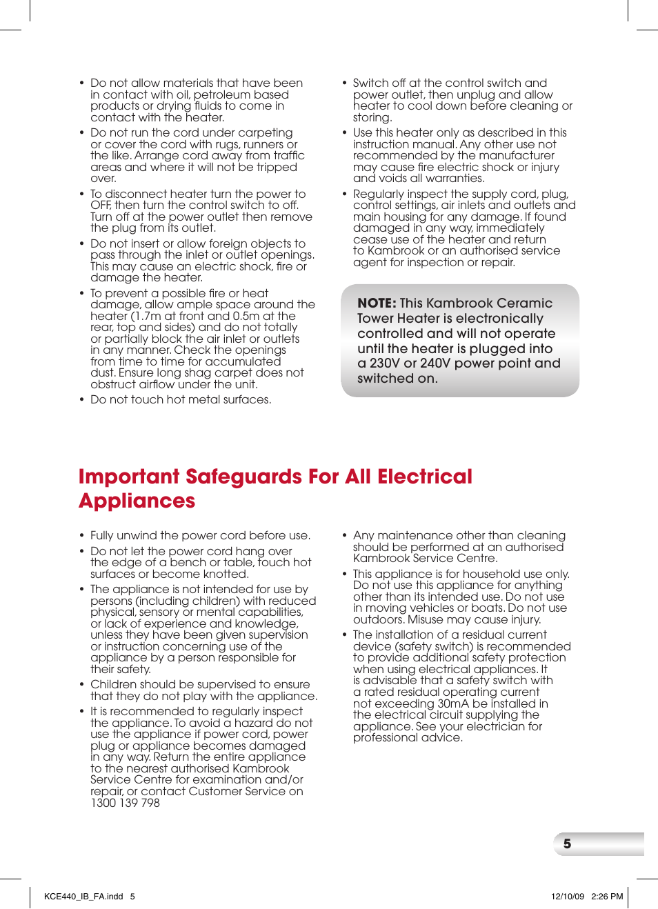 Important safeguards for all electrical appliances | Kambrook CERAMIC KCE440 User Manual | Page 5 / 12