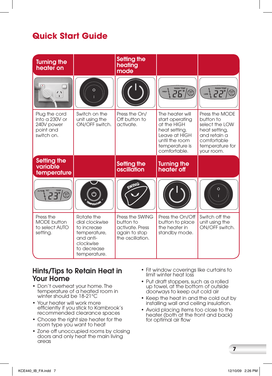 Quick start guide, Hints/tips to retain heat in your home | Kambrook CERAMIC KCE440 User Manual | Page 7 / 12