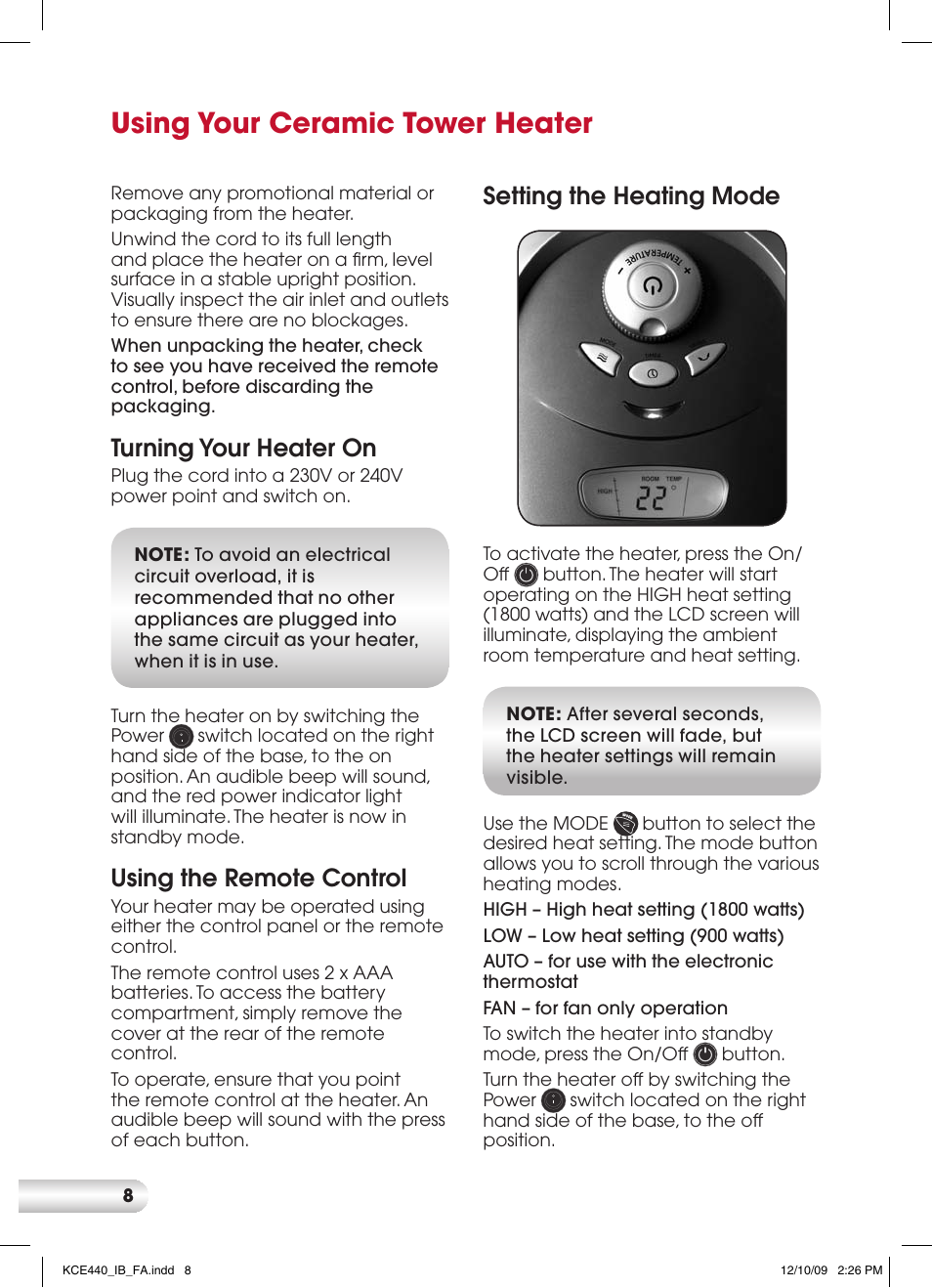 Using your ceramic tower heater, Setting the heating mode, Turning your heater on | Using the remote control | Kambrook CERAMIC KCE440 User Manual | Page 8 / 12