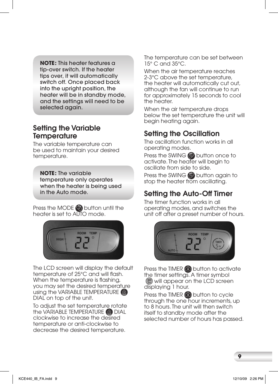 Setting the variable temperature, Setting the oscillation, Setting the auto-off timer | Kambrook CERAMIC KCE440 User Manual | Page 9 / 12