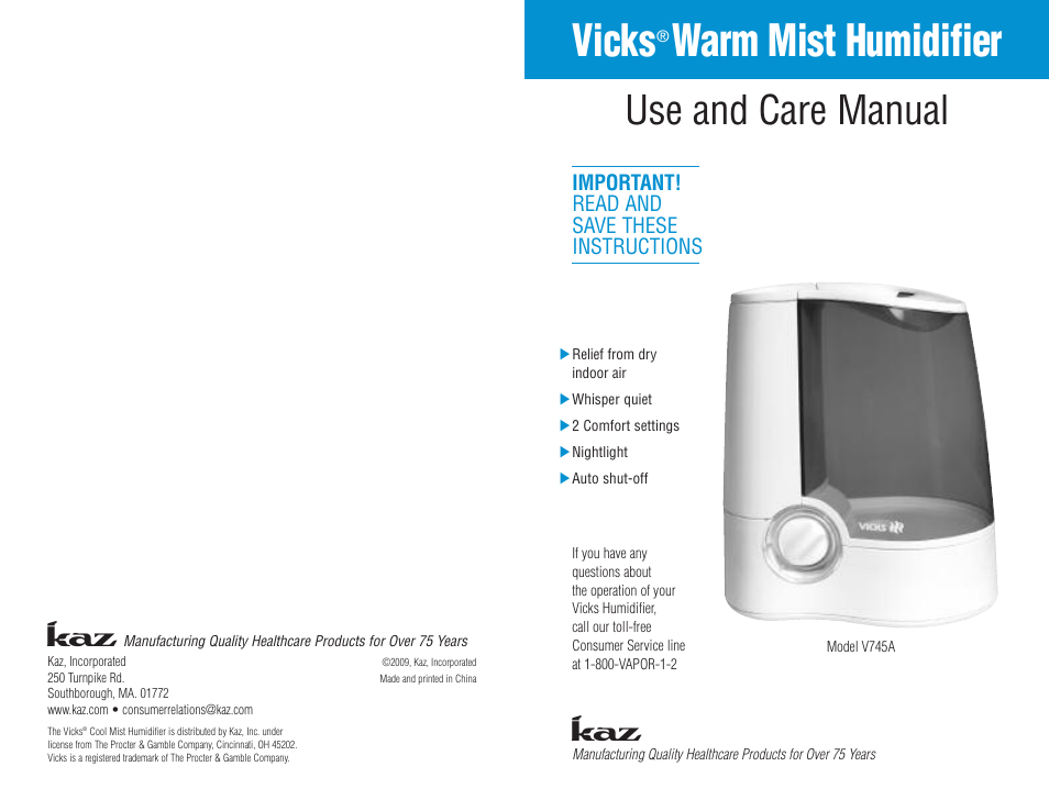 Kaz Vicks Warm Mist Humidifier V745A User Manual | 5 pages