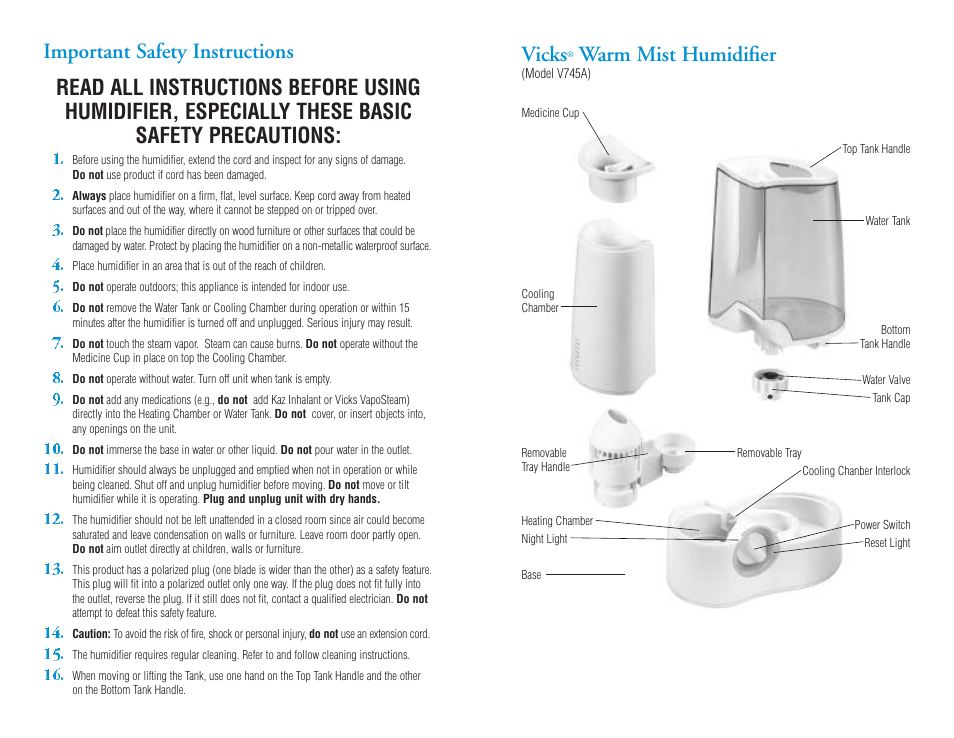Vicks, Warm mist humidifier | Kaz Vicks Warm Mist Humidifier V745A User Manual | Page 2 / 5