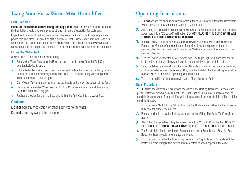 Operating instructions, Using your vicks warm mist humidifier | Kaz Vicks Warm Mist Humidifier V745A User Manual | Page 3 / 5