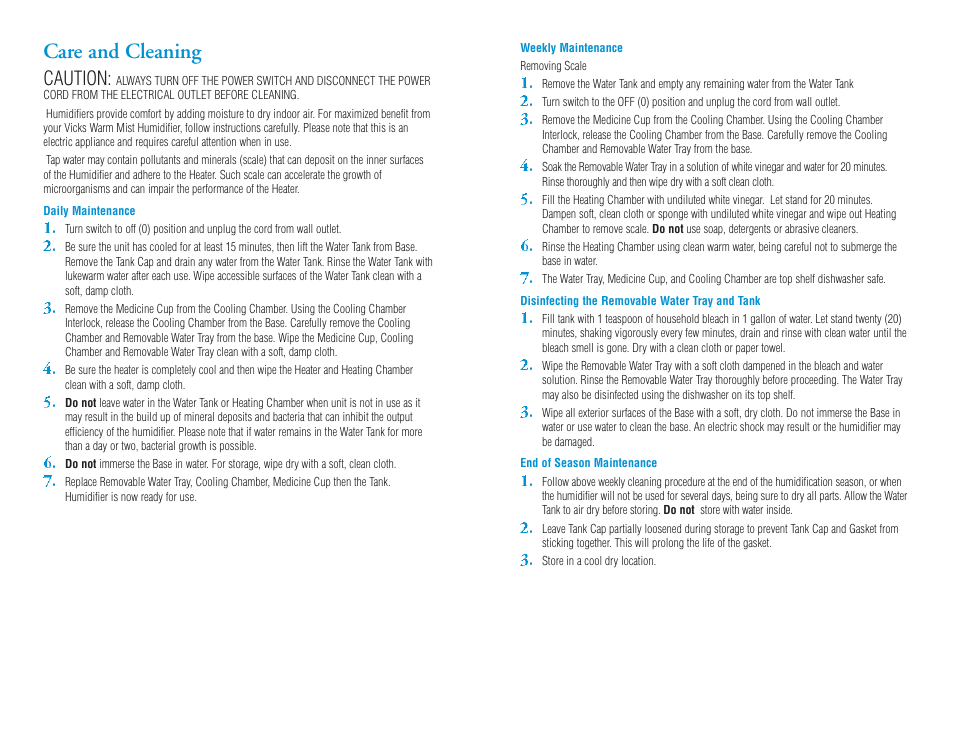 Care and cleaning, Caution | Kaz Vicks Warm Mist Humidifier V745A User Manual | Page 4 / 5
