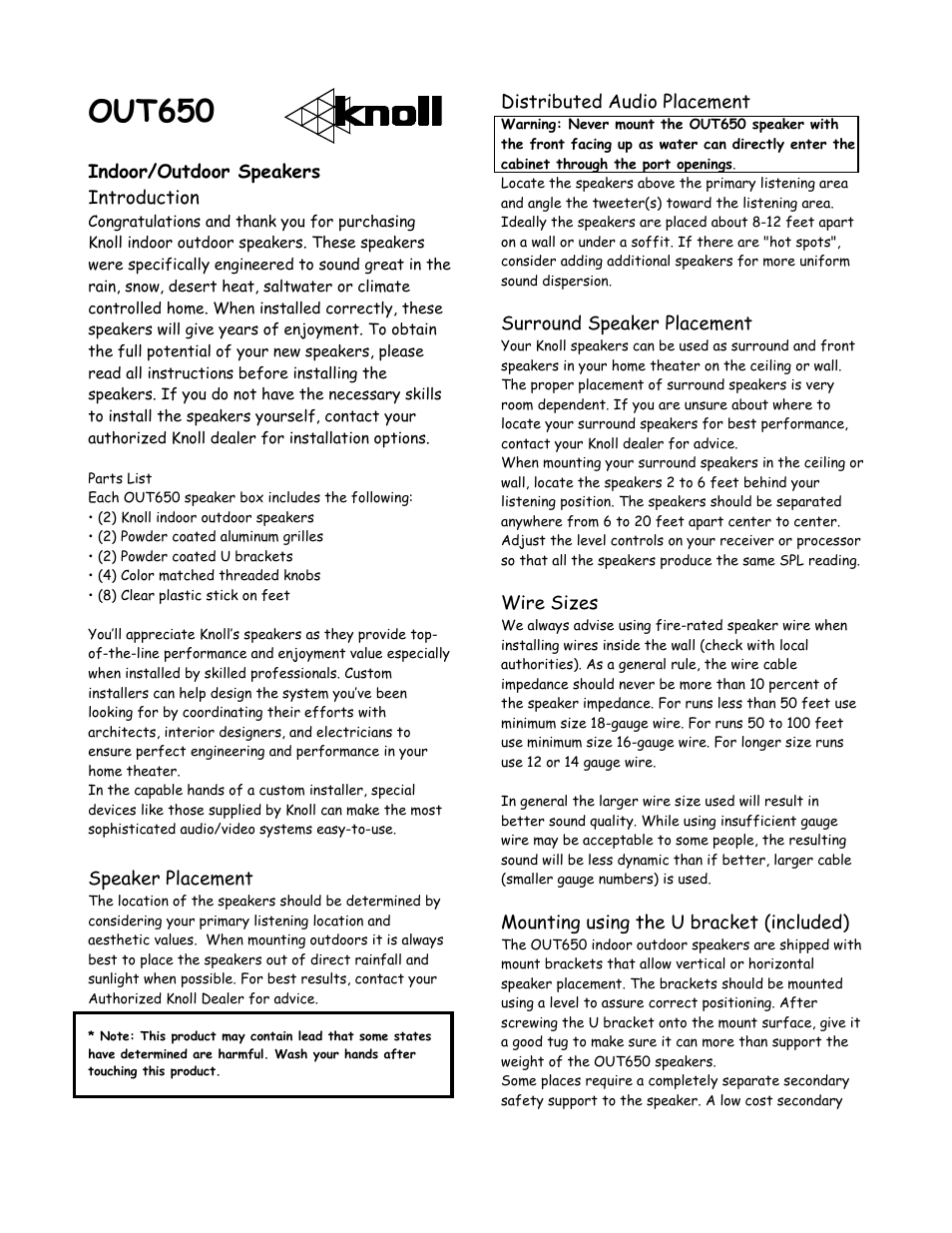 Knoll OUT650 User Manual | 2 pages