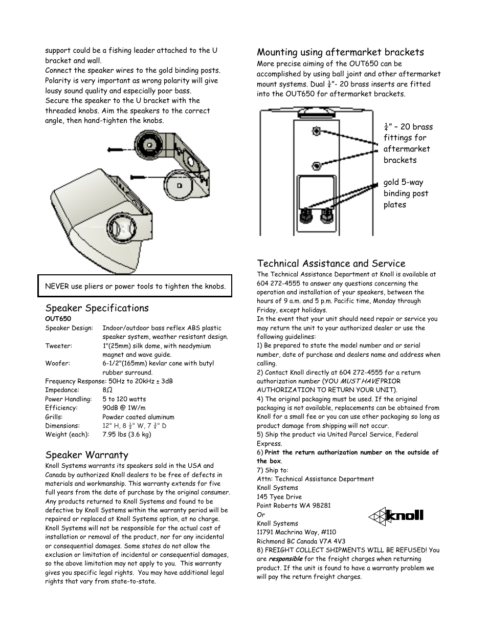 Out650, Speaker specifications, Speaker warranty | Mounting using aftermarket brackets, Technical assistance and service | Knoll OUT650 User Manual | Page 2 / 2