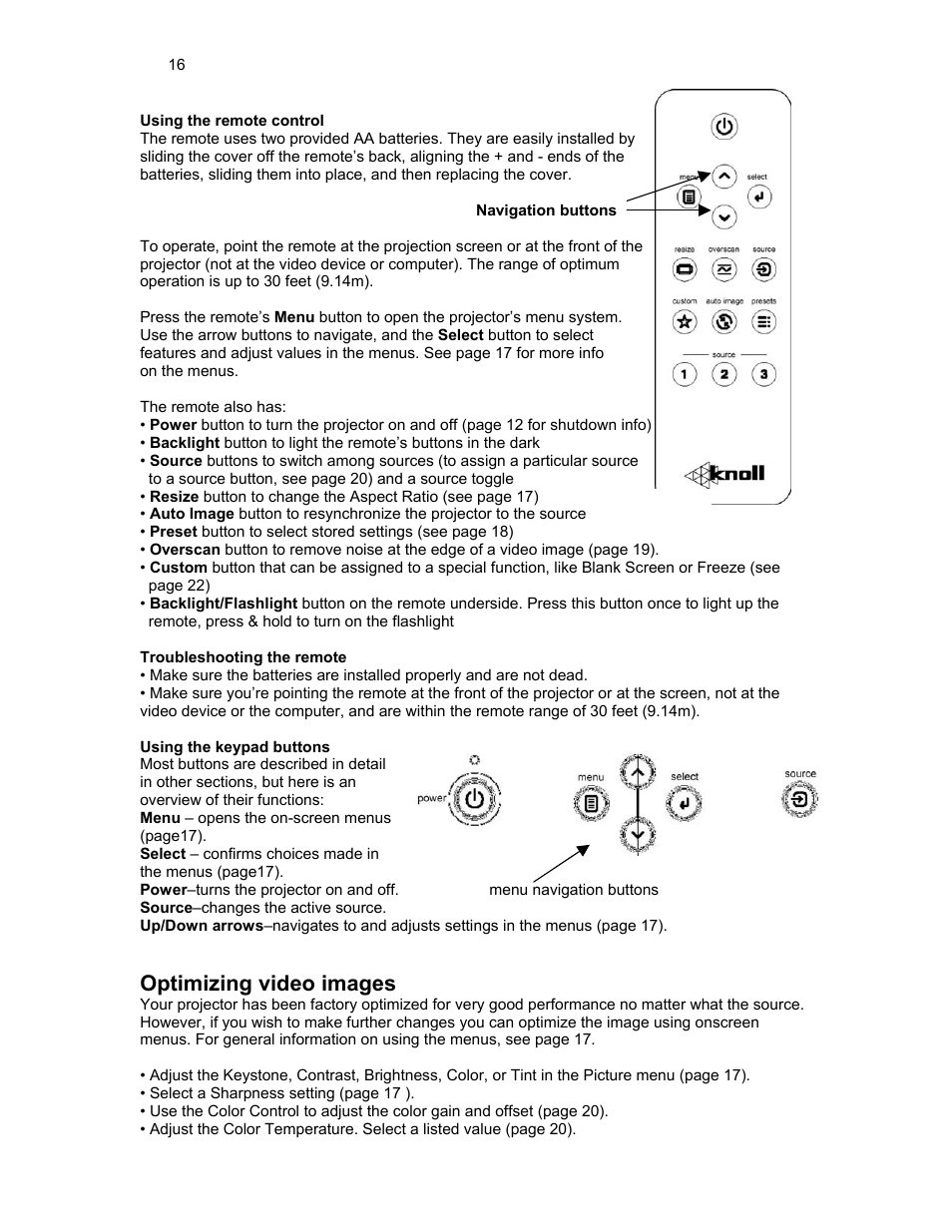 Using the remote control, Using the keypad buttons, Optimizing video images | Knoll HDP420 User Manual | Page 16 / 30