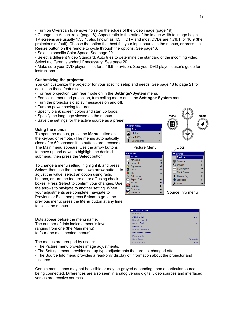 Customizing the projector, Using the menus | Knoll HDP420 User Manual | Page 17 / 30