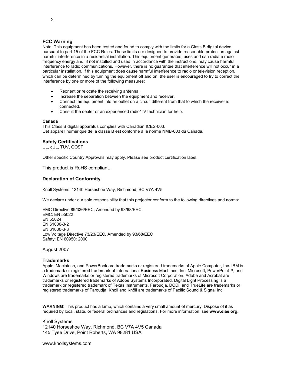 Fcc warning, Safety certifications, This product is rohs compliant | Declaration of conformity, Trademarks | Knoll HDP420 User Manual | Page 2 / 30