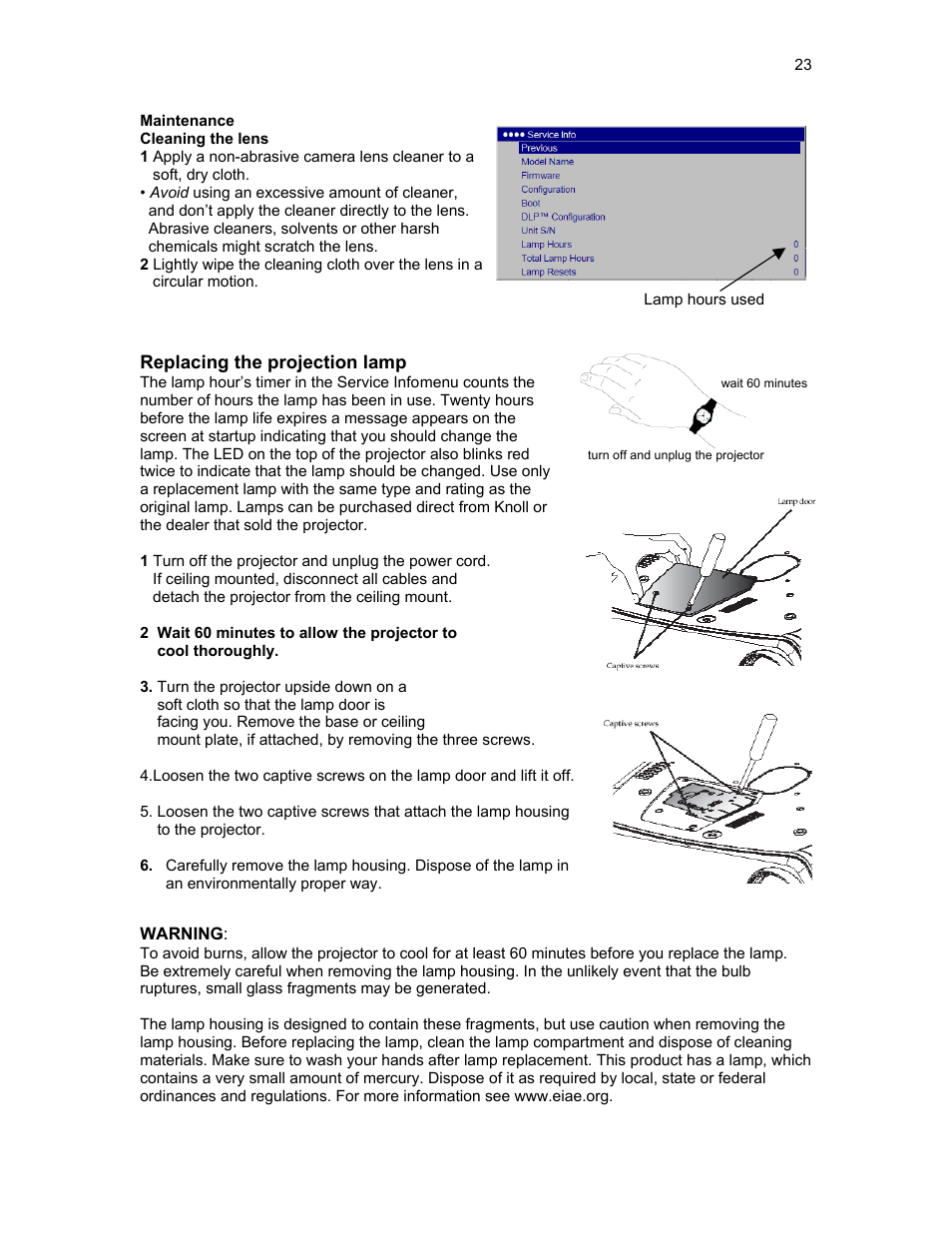 Maintenance, Replacing the projection lamp | Knoll HDP420 User Manual | Page 23 / 30