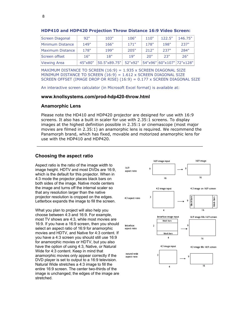 Choosing the aspect ratio | Knoll HDP420 User Manual | Page 8 / 30