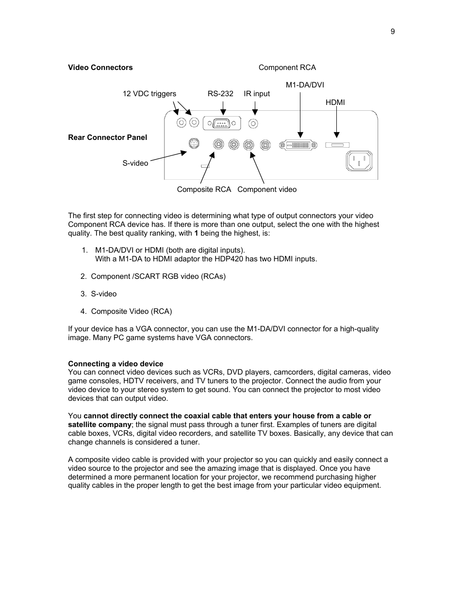 Video connectors component rca, M1-da/dvi, 12 vdc triggers rs-232 ir input | Hdmi, Rear connector panel, Connecting a video device | Knoll HDP420 User Manual | Page 9 / 30