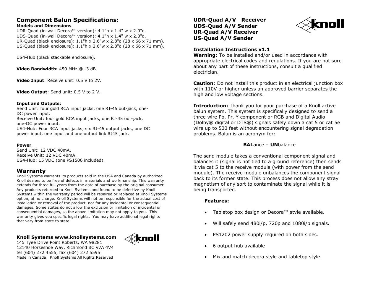 Knoll US-Quad User Manual | 2 pages