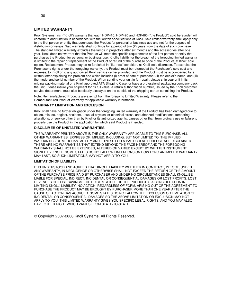 Knoll HDP460 User Manual | Page 30 / 30
