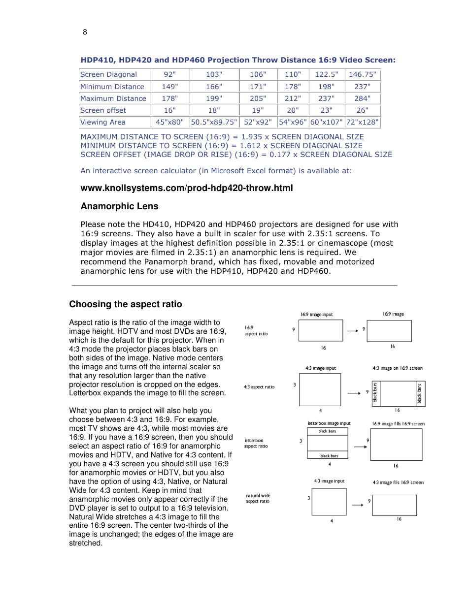 Choosing the aspect ratio | Knoll HDP460 User Manual | Page 8 / 30