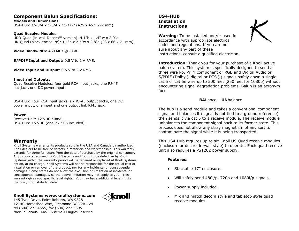 Knoll US4 User Manual | 2 pages