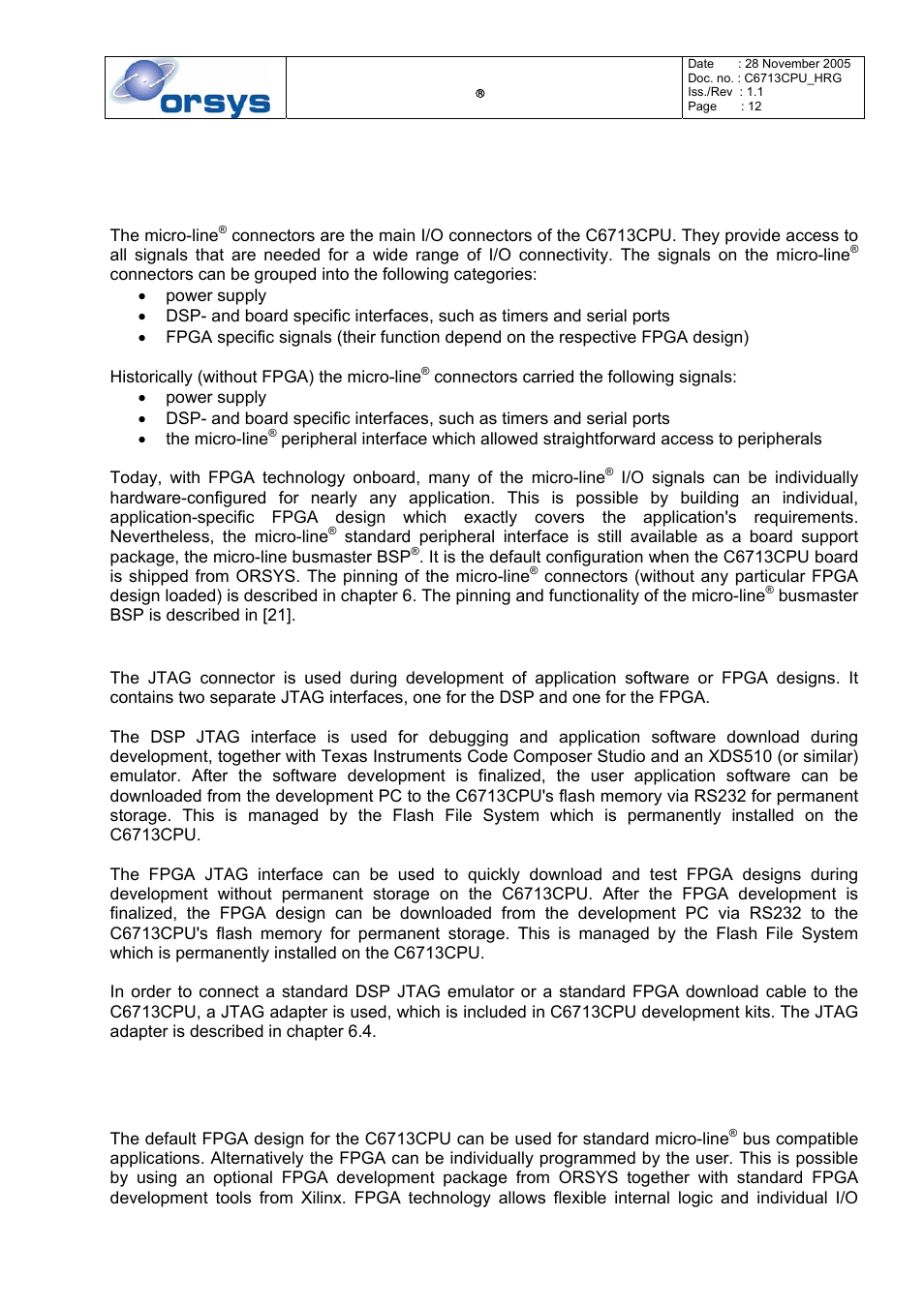 Connectors, Micro-line, Jtag connector | Interfaces and hardware components, Fpga | Kane Industries C6713CPU User Manual | Page 12 / 54