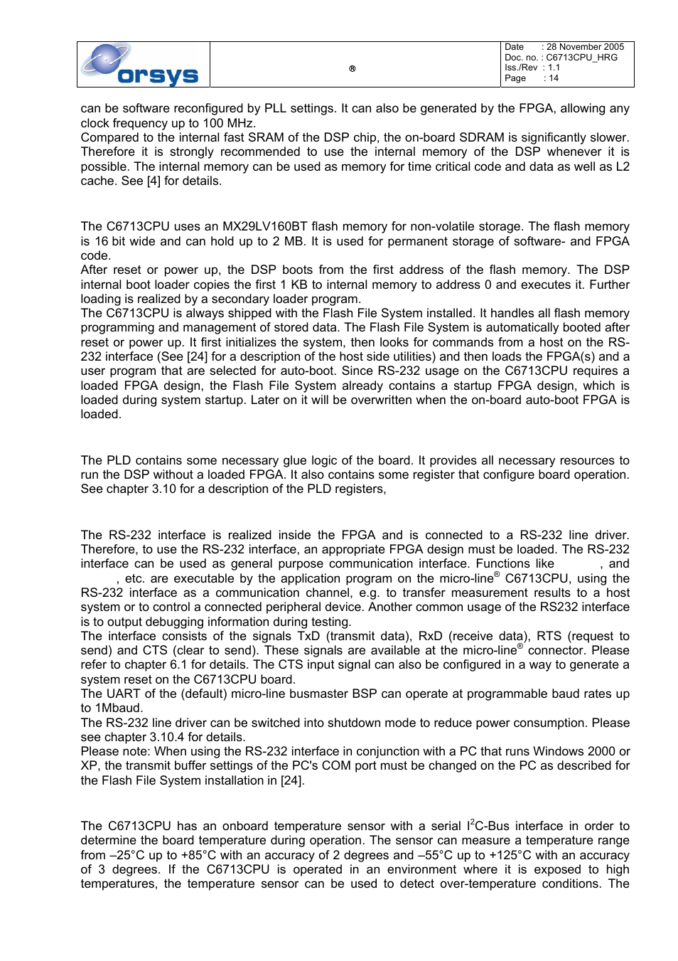 Flash memory, Uart / rs-232 interface, Temperature sensor | Kane Industries C6713CPU User Manual | Page 14 / 54