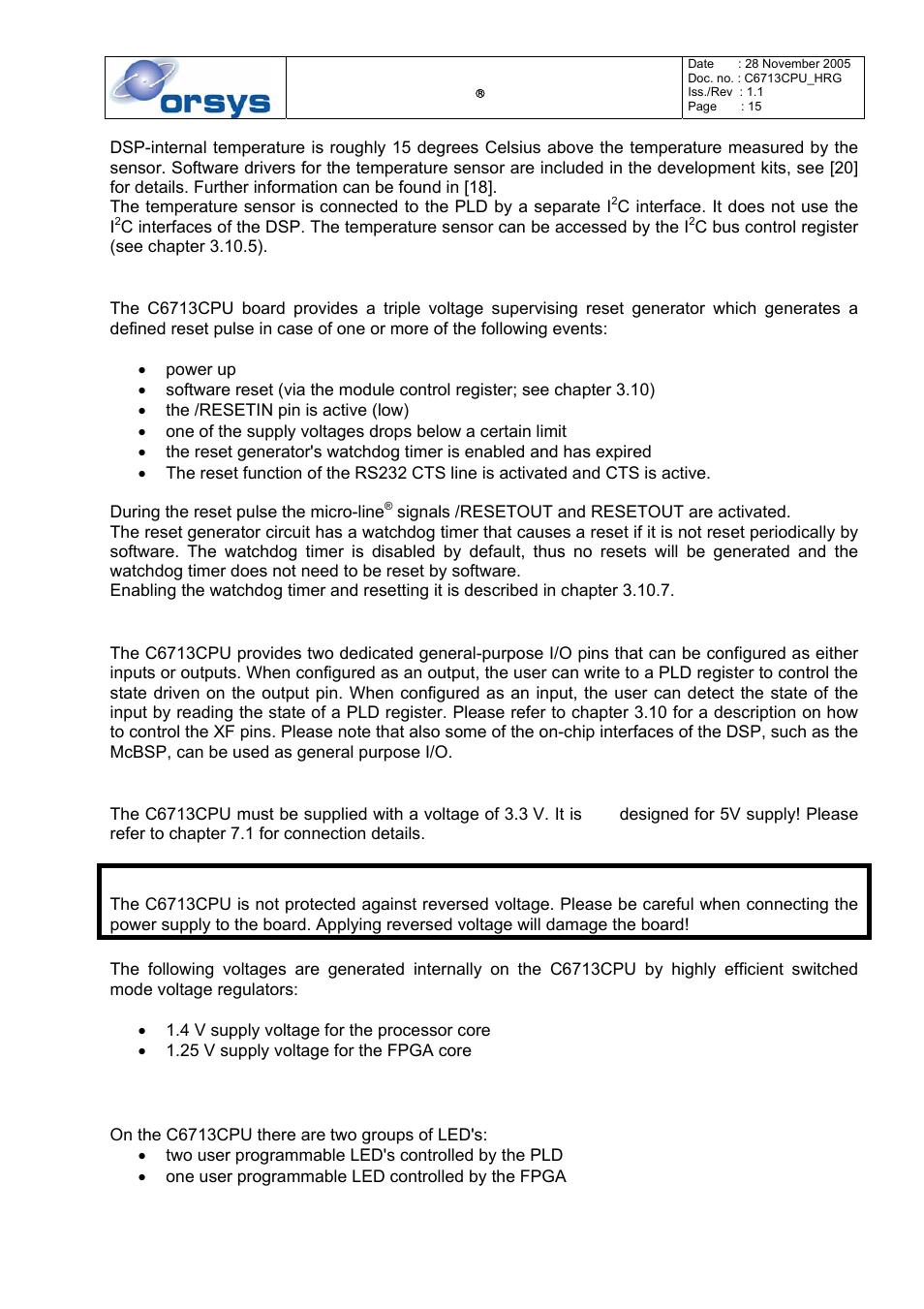 Reset generator and watchdog, External flags (xf signals), Power supply of the board | Status led's, Caution | Kane Industries C6713CPU User Manual | Page 15 / 54