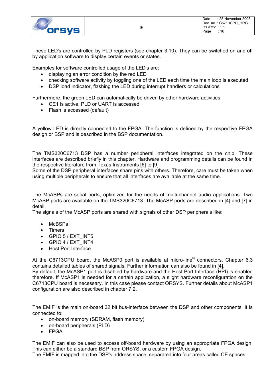 User programmable led's (pld), User programmable led (fpga), Dsp peripherals | Multichannel audio serial ports (mcasp), External memory interface (emif) | Kane Industries C6713CPU User Manual | Page 16 / 54
