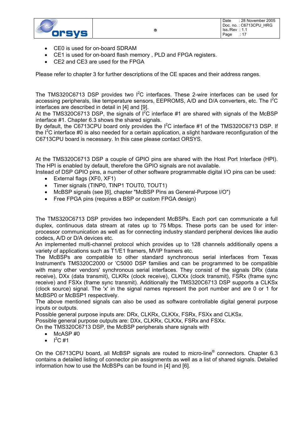 Inter integrated circuit (i, C) interfaces, General purpose input / output pins (gpio) | Multi-channel buffered serial ports (mcbsp) | Kane Industries C6713CPU User Manual | Page 17 / 54