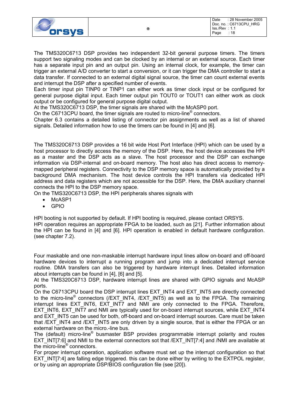 Timers, Host port interface (hpi), Interrupts | Kane Industries C6713CPU User Manual | Page 18 / 54