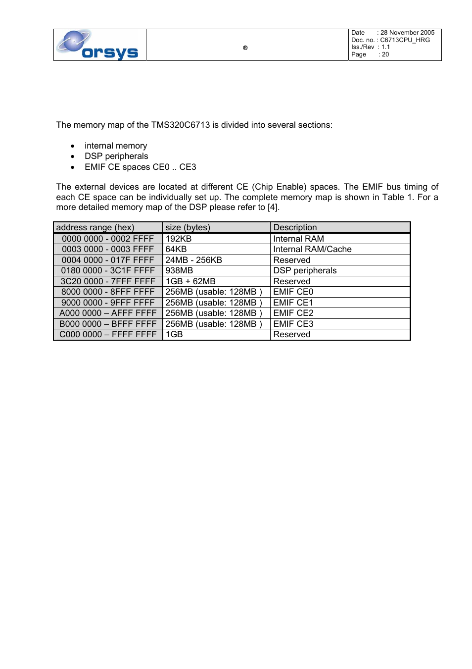 3 memory maps and description of the pld registers, Tms320c6713 memory map, Table 1: memory map of the processor | Chapter 3 gives an overview of the memory, To chapter 3 for further description | Kane Industries C6713CPU User Manual | Page 20 / 54