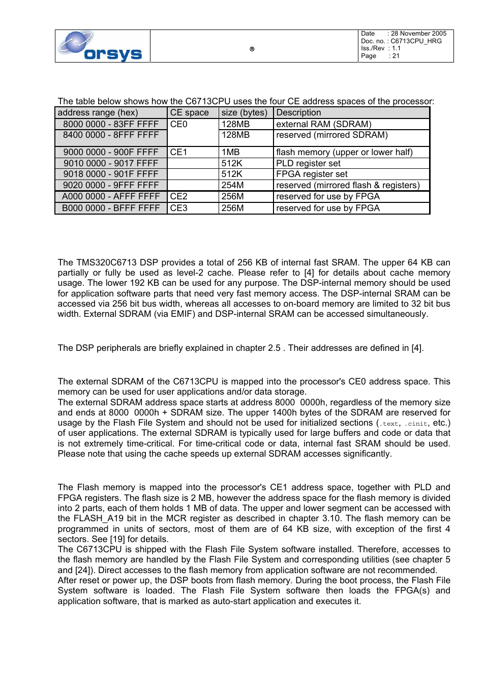 C6713cpu address map, Internal fast sram, Dsp peripherals | External sdram, Flash memory, Table 2: memory map of the c6713cpu | Kane Industries C6713CPU User Manual | Page 21 / 54