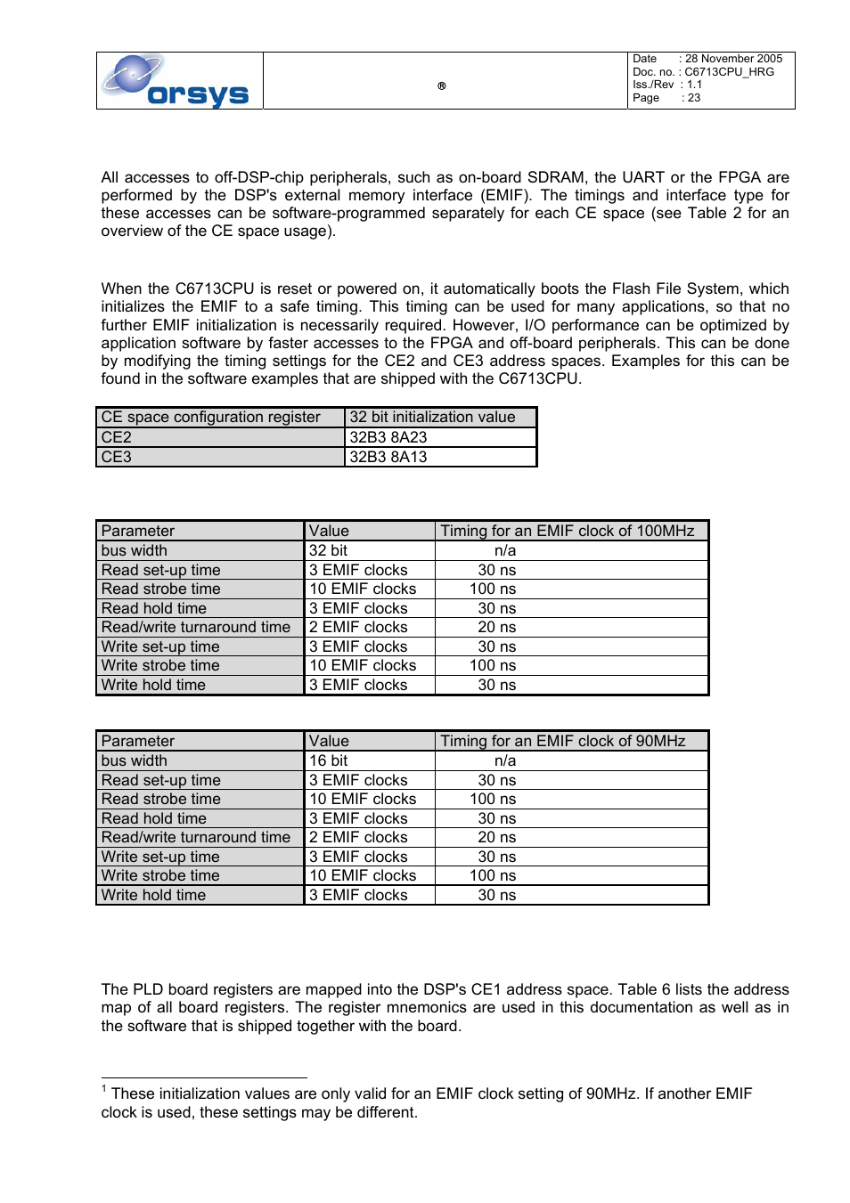 Emif configuration, Default emif configuration, Description of the pld board registers | Table 4: ce2 default configuration, Table 5: ce3 default configuration | Kane Industries C6713CPU User Manual | Page 23 / 54